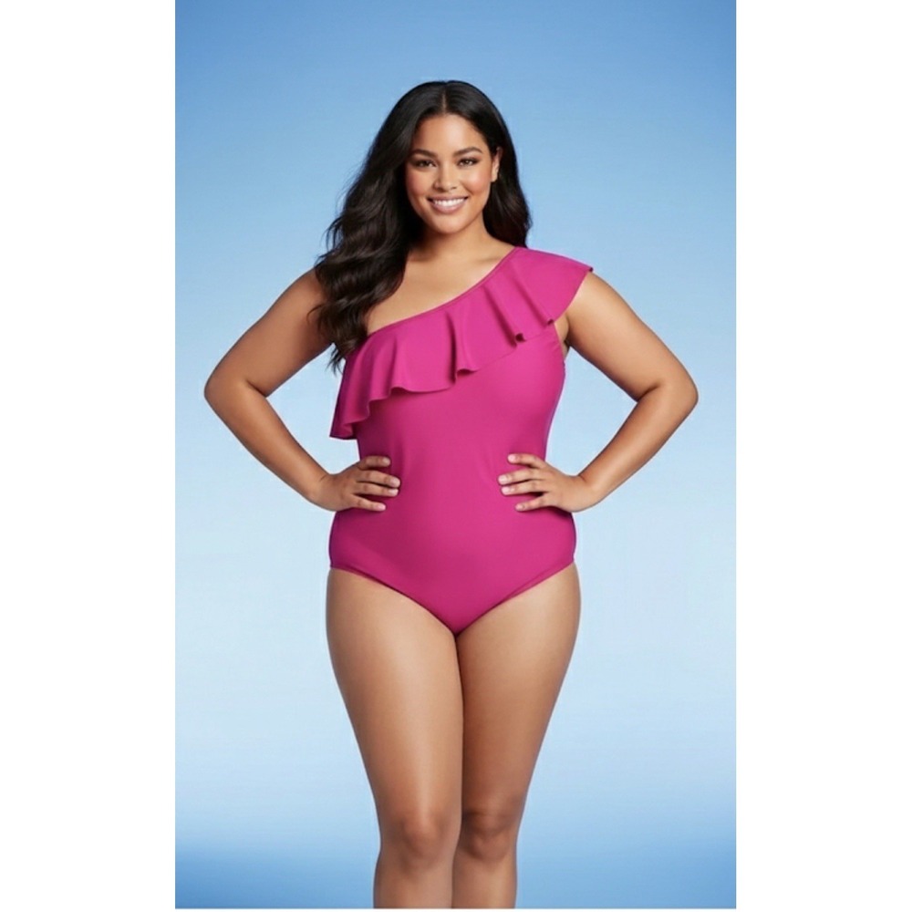 Women's Ruffle One Shoulder High Coverage One Piece Swimsuit, Hot Pink‎ 16